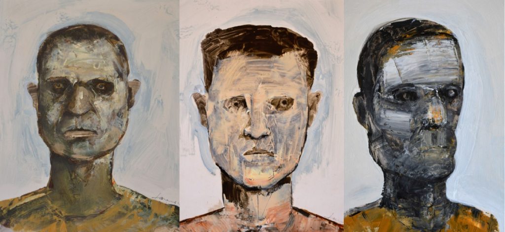 GRAHAM LANG (from left to right) More than this, That passes all, Lazarus, 2016, oil on card, 91 x 62 cm (each), signed LR, $1,500.00 each or $4,500.00 as triptych