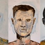 GRAHAM LANG  (from left to right) More than this, That passes all, Lazarus, 2016, oil on card, 91 x 62 cm (each), signed LR, $1,500.00 each or $4,500.00 as triptych