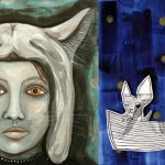 LEFT: Helen Hopcroft, Halloween 2016 Oil on board 25.5 x 25.5 cm Signed verso  RIGHT: Bertie Blackman, Under the blushing moon 2016 collage and ink on paper 51 x 42cm (framed) signed LR