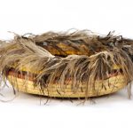 MARGARET HEFFERNAN Large solid round basket  Tjanpi (harvested grass), raffia and emu feathers 11 xm H x 36 cm dia (8325-17)